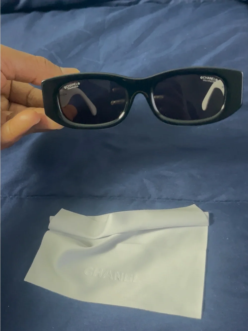 CHANEL Black Rectangular Sunglasses with Dark Lenses
